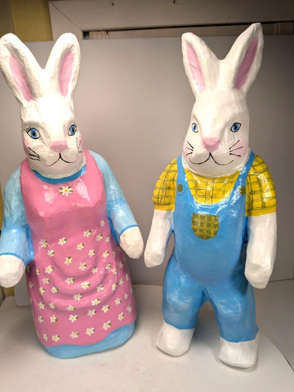 Vintage Style Hand-Painted Paper Mache Rabbit Figurine Pair - 17" Tall - Easter